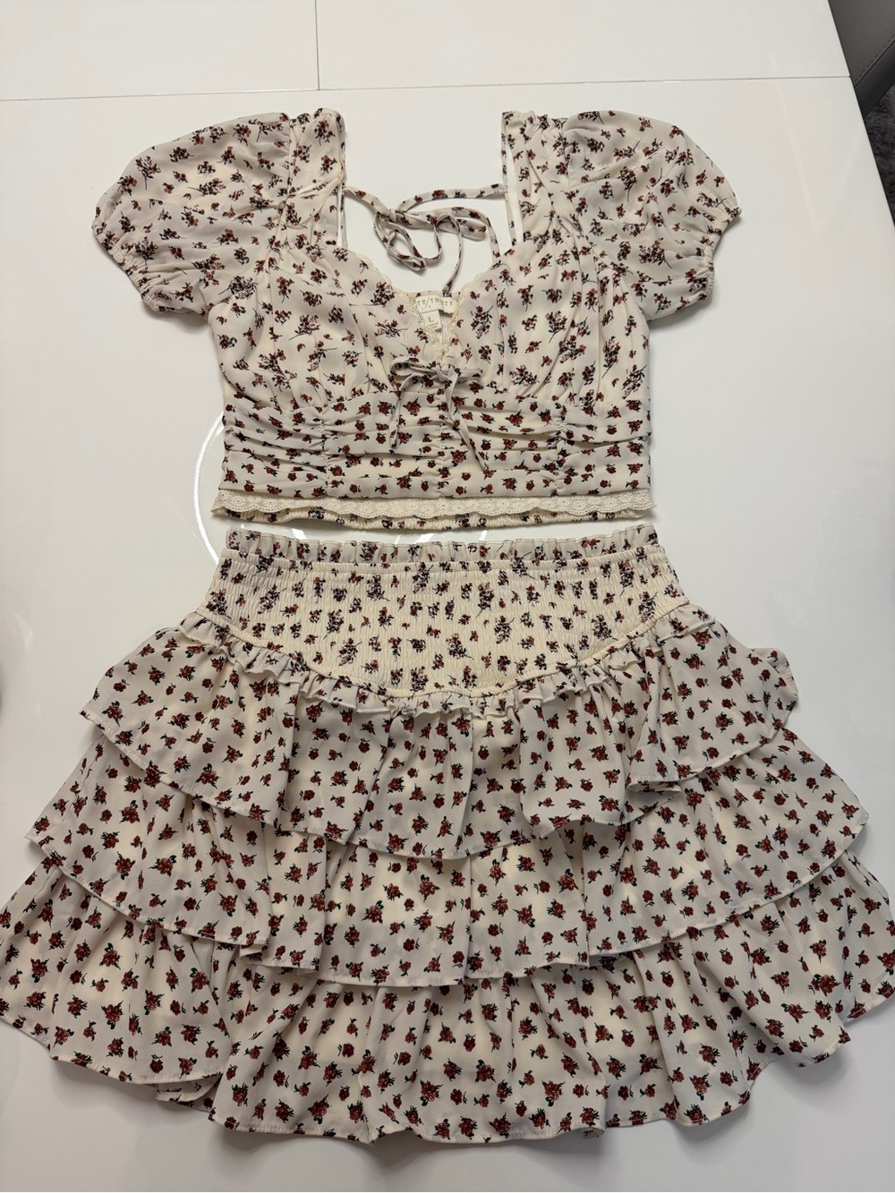 Ty Cream Two-Piece Puff Sleeve Top & Tiered Skirt with Red Floral